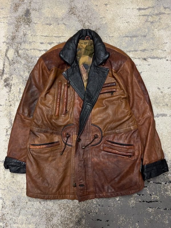 Vintage Denim Płaszcz skórzany vintage długi, damskie w bardzo dobrym stanie rozmiar L, widok z przodu